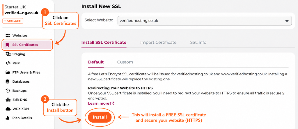 Step-by-step WPX hosting tutorial showing where to click “SSL Certificates” and install a free Let’s Encrypt SSL to enable HTTPS on a WordPress website.