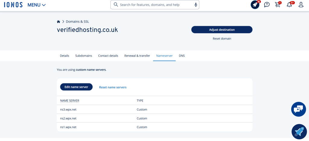 IONOS DNS settings showing where to enter WPX nameservers to connect a domain to WPX hosting.