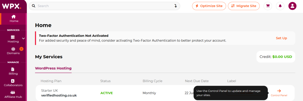 WPX hosting dashboard showing the website domain inside the hosting account.