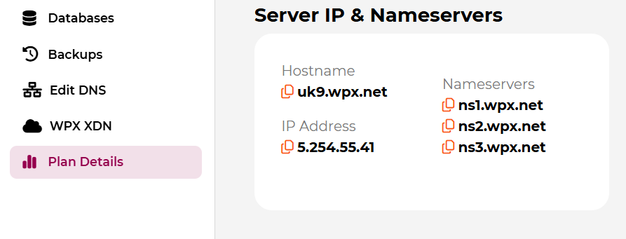 WPX nameservers showing ns1.wpx.net and ns2.wpx.net for connecting a domain to hosting.